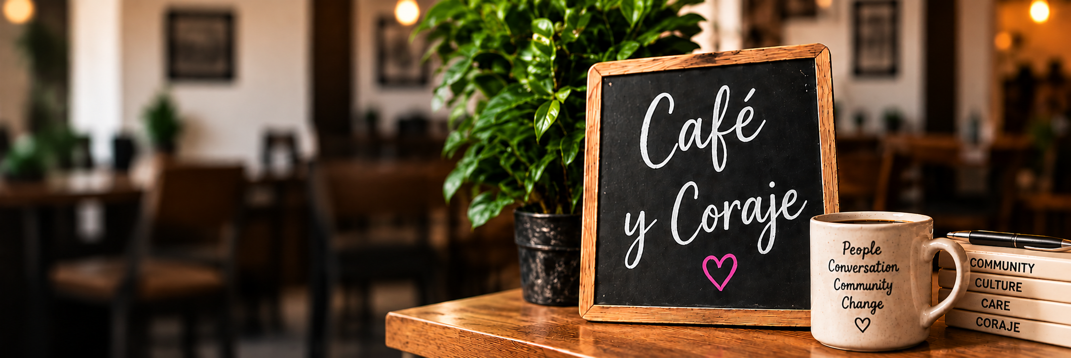 Café y Coraje chalkboard and coffee in a welcoming café