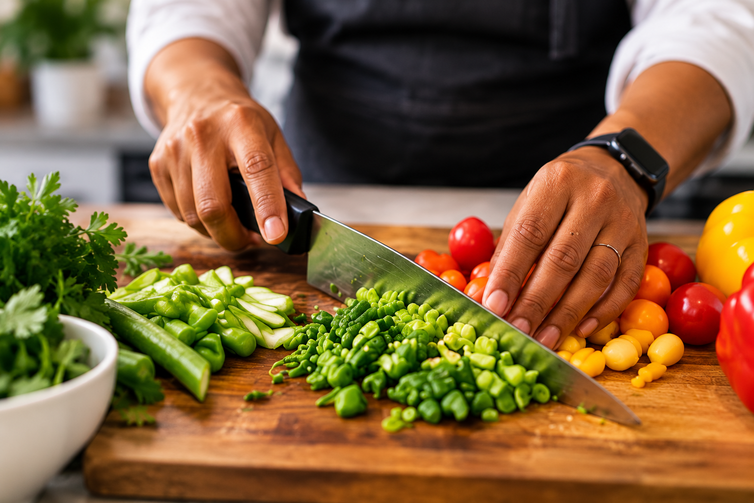 Hands preparing fresh vegetables
