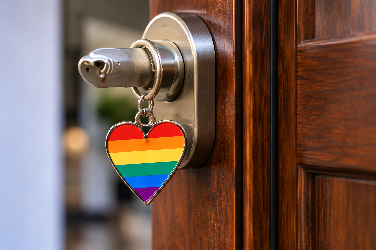 Rainbow heart keychain on a door
